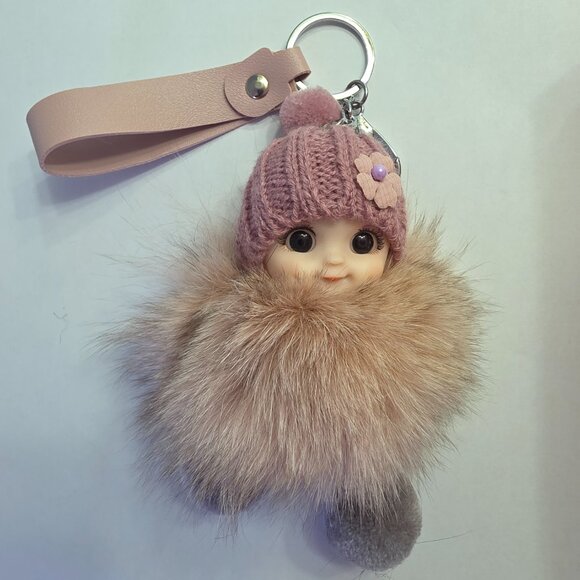 Cute Smiling Fur Baby Keychain with LOVE tag, Plush rabbit fur, Bag Charm - Picture 3 of 5